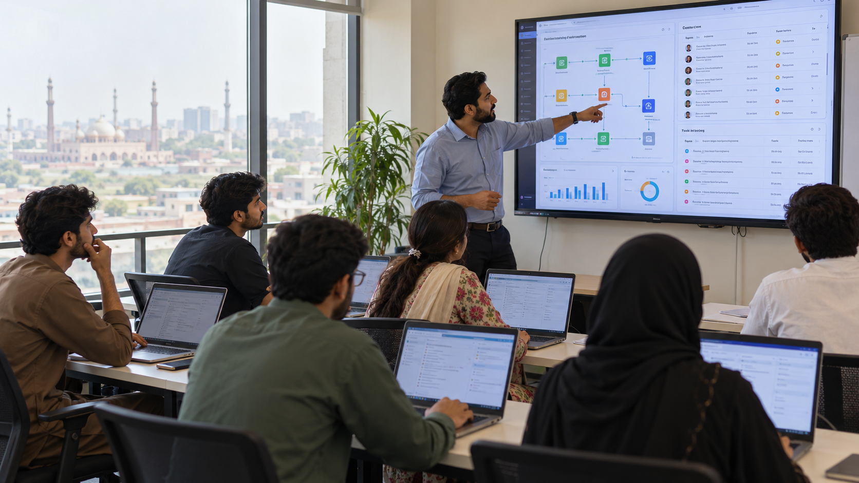 BIT instructor teaching AI automation workflows to Pakistani students in class