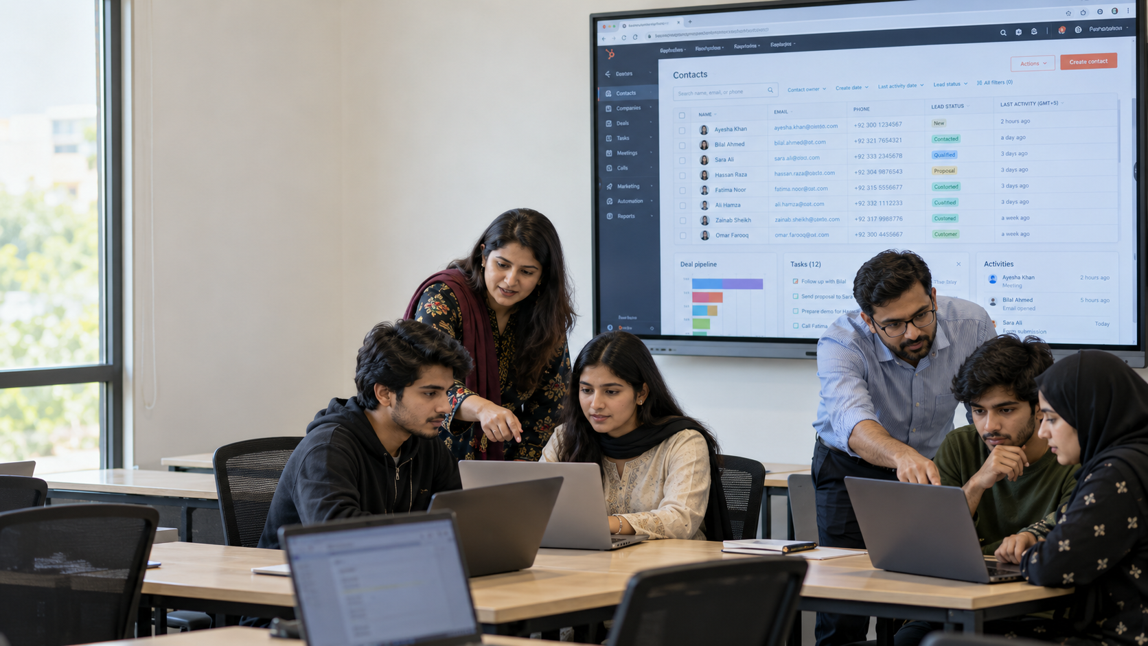BIT instructors mentoring Pakistani students during a live CRM automation class