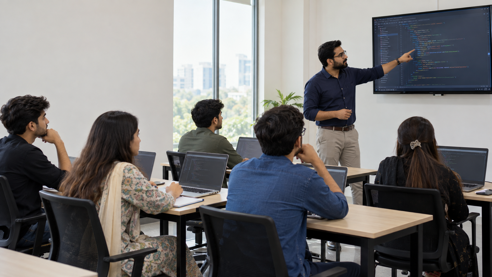 BIT students learning technology systems together in a live Faisalabad classroom with a mounted display
