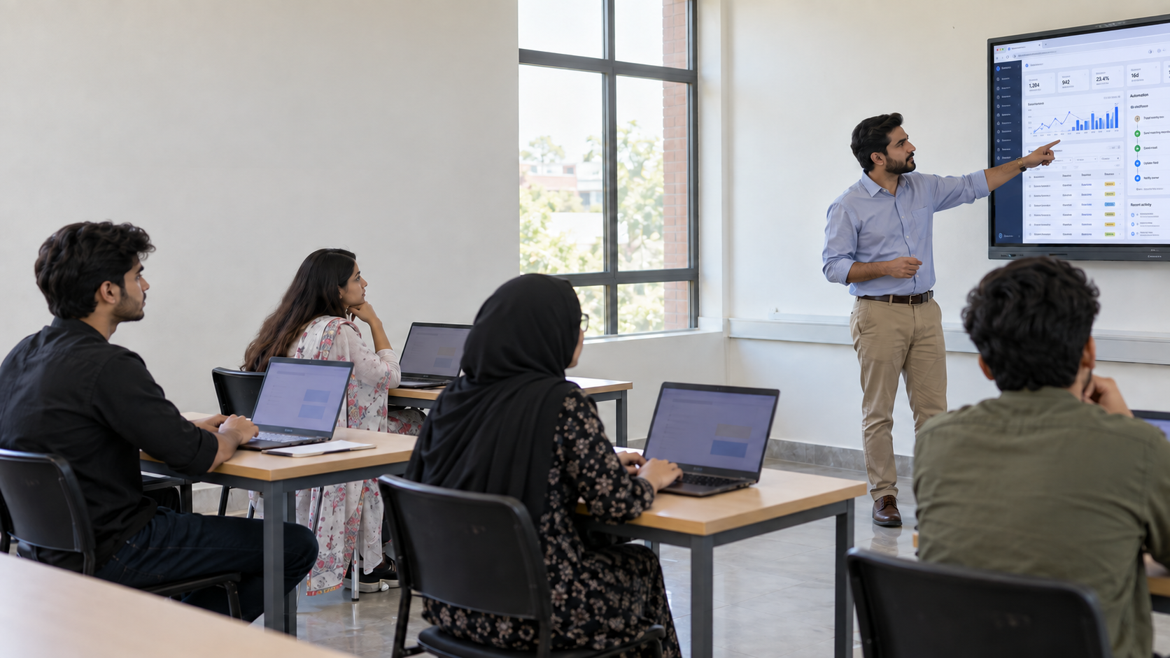 Young Pakistani students collaborating on technology projects with laptops in a BIT classroom