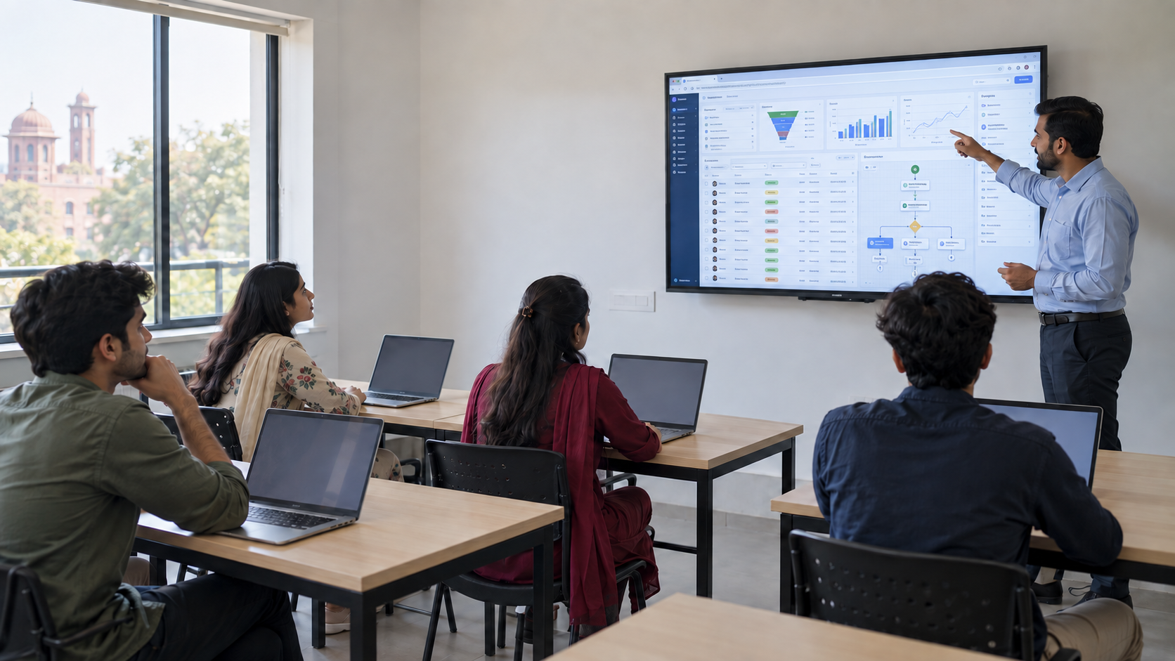 BIT learners reviewing an AI automation and CRM workflow on a classroom display with their instructor