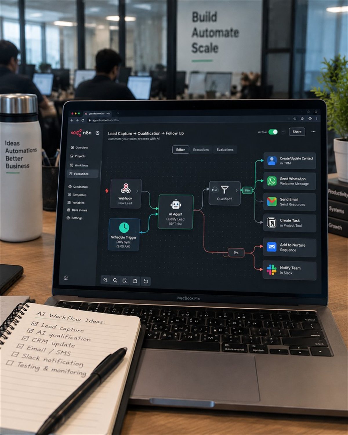 AI automation agent workflow on n8n — lead capture webhook to GPT-4o qualification, then CRM, WhatsApp, email and Slack follow-up — BIT student project build