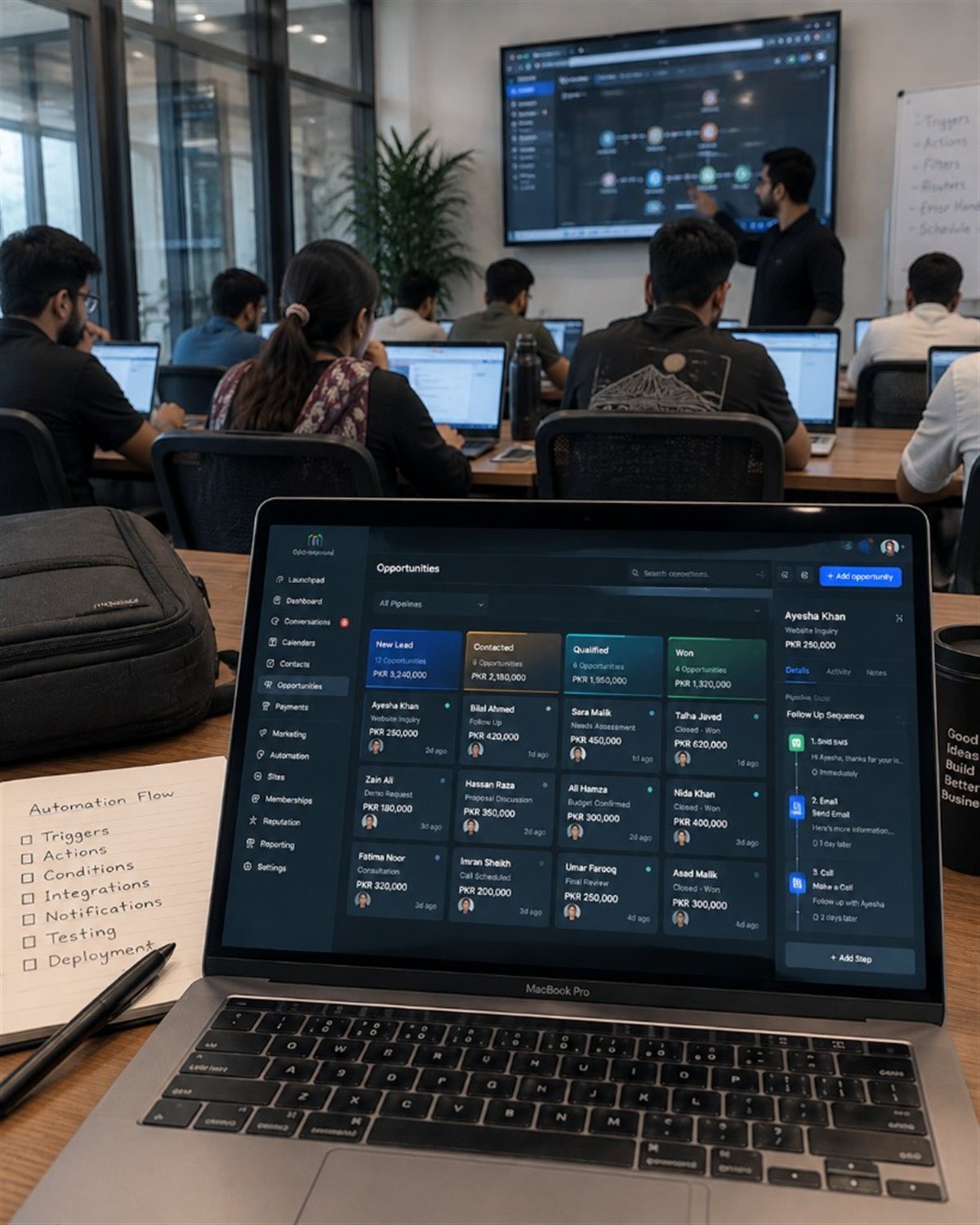 GoHighLevel-style CRM revenue system — Opportunities pipeline with New Lead, Contacted, Qualified and Won stages, plus SMS email call follow-up sequence — BIT student project build