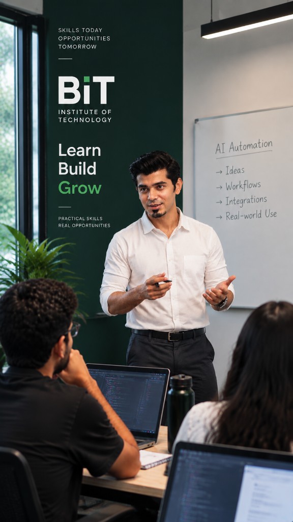 BIT faculty instructor teaching AI Automation — Ideas, Workflows, Integrations and real-world use — to students on laptops at Bitlogia Institute of Technology, Faisalabad