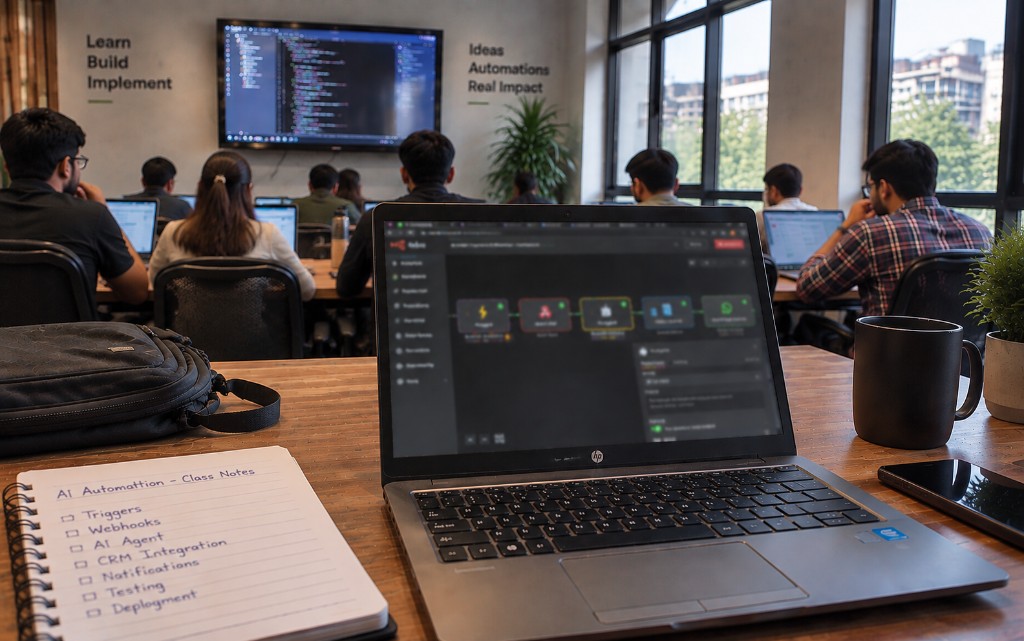 AI Automation and Agentic Systems class at BIT — laptop showing an automation workflow with AI Agent nodes, class notes on triggers and CRM integration, students learning hands-on in Faisalabad