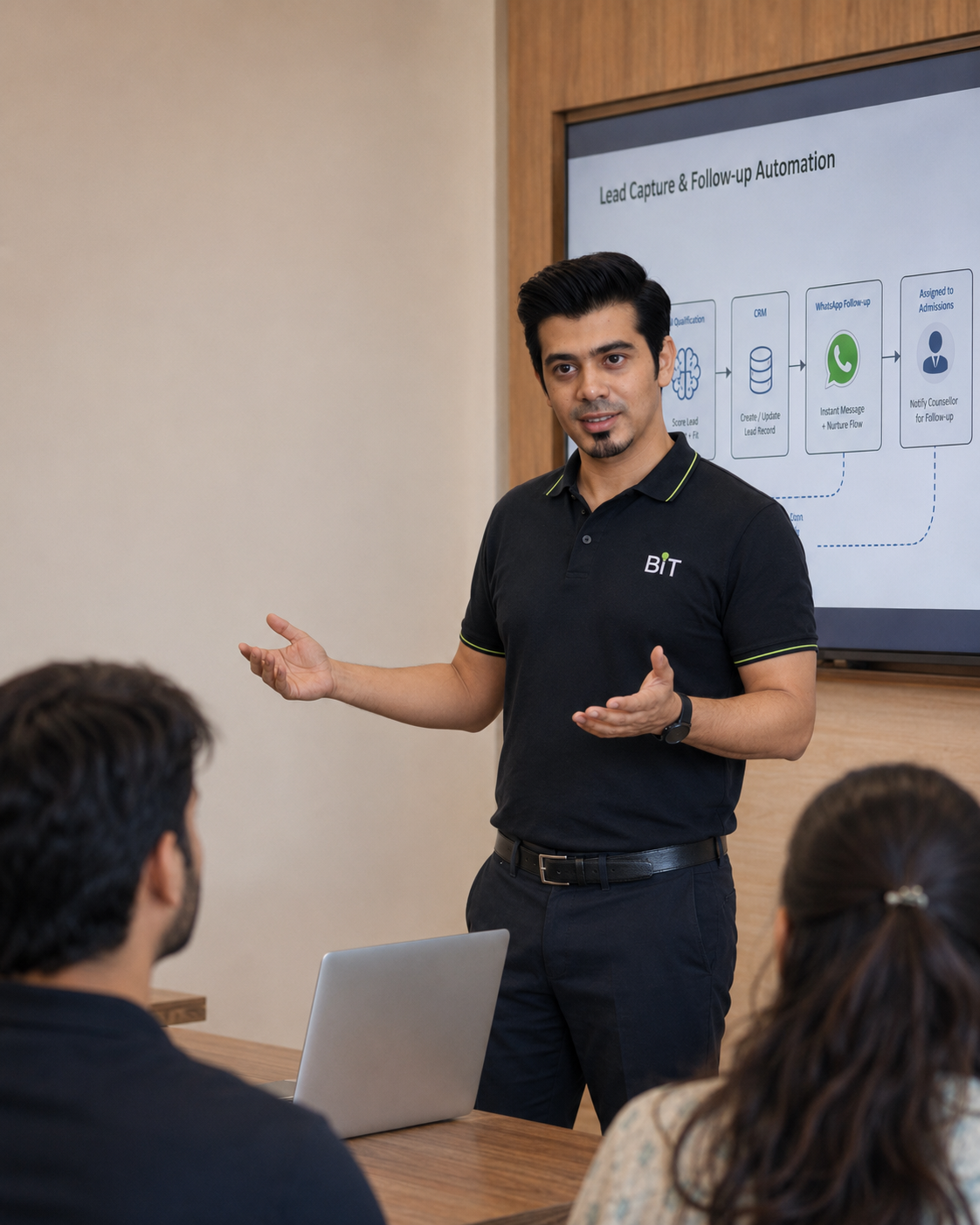 Umar Arshad presenting an automation workflow to learners at a BIT session