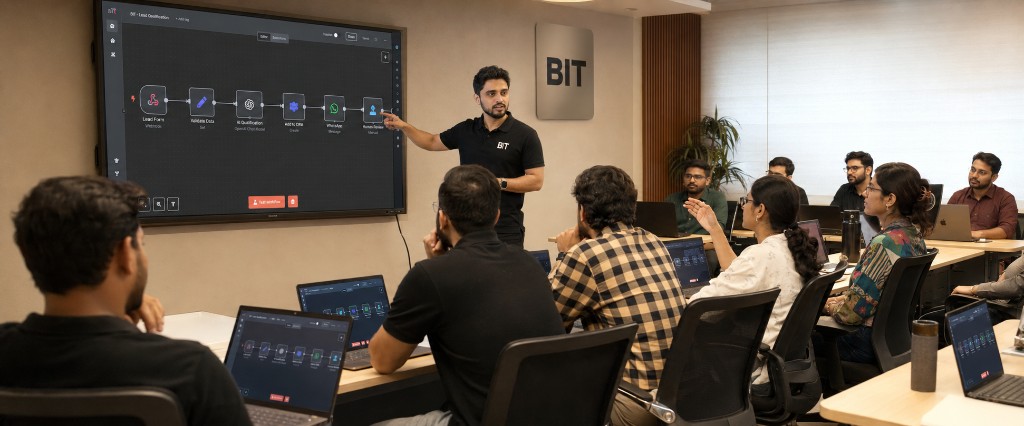 Dastgir Sabri leading a practical BIT classroom build session while learners implement a live workflow on their laptops