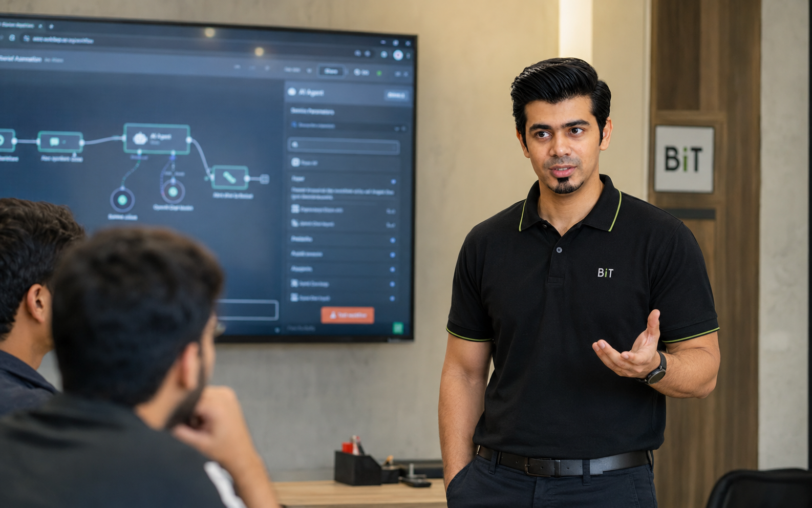 An AI agent workflow shown on screen while the instructor explains its business use case