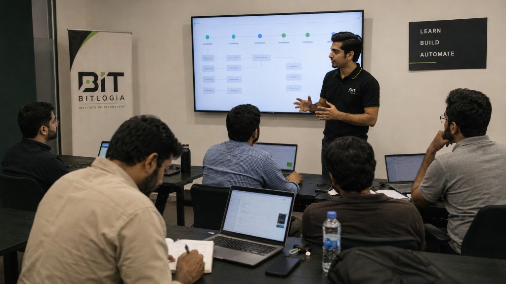 Umar leading a live GoHighLevel workshop at BIT with learners and a CRM workflow on screen
