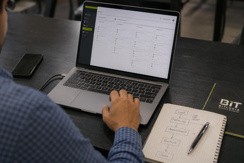 Laptop showing a GoHighLevel CRM pipeline beside a handwritten lead-to-close journey