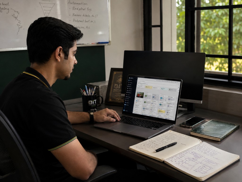 Operator working at a GoHighLevel workstation with system notes and planning tools