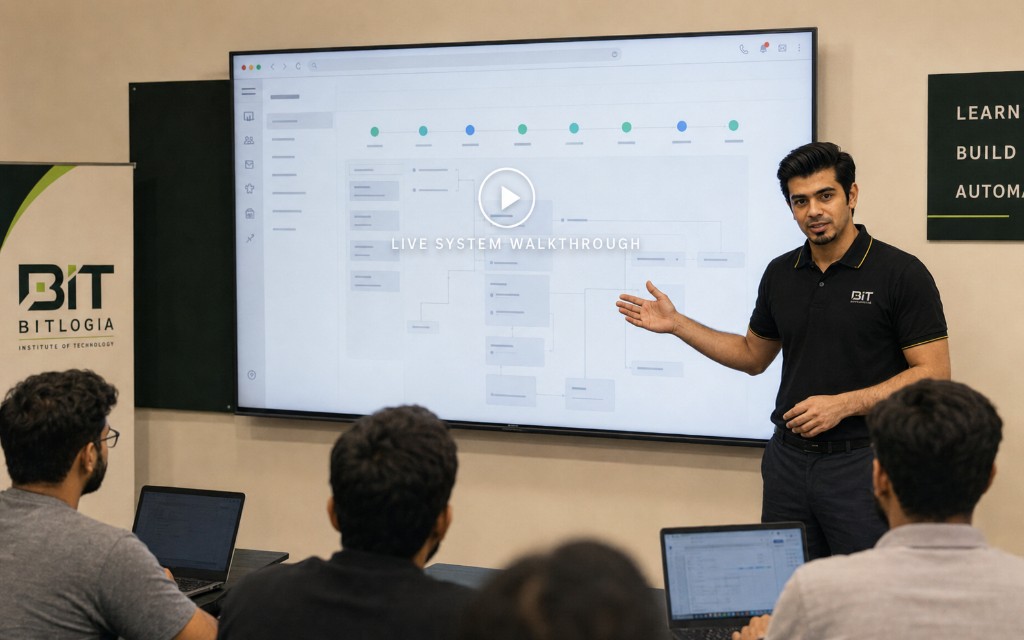Live GoHighLevel system walkthrough poster — instructor presenting a workflow to learners