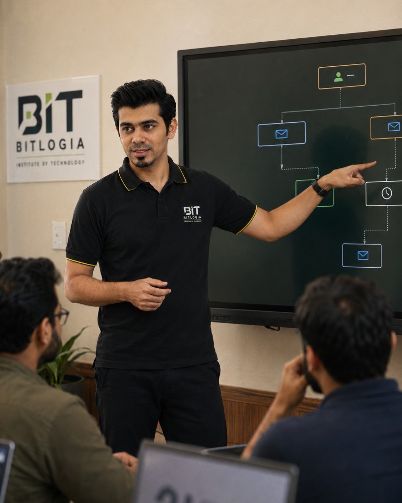 Umar Arshad teaching a GoHighLevel automation workflow at BIT